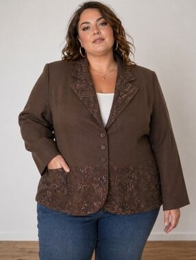 Emily Brown Embroidered Beaded‎ Peplum Blazer Jacket 28W Plus Boho Glam